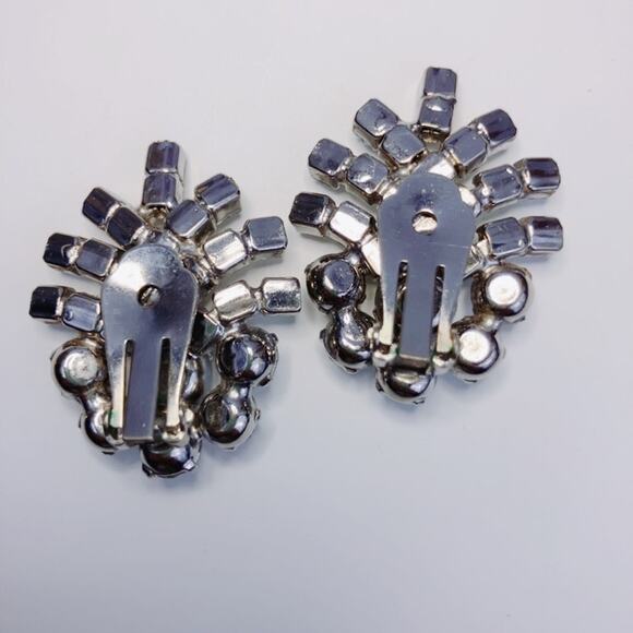 Vintage Rhinestone Clip-On Earrings, Silver-Tone Sparkly Blingy Mid-Century Glam - Picture 3 of 4
